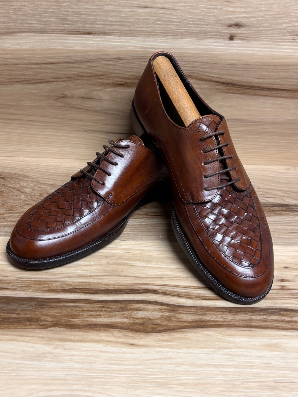 Vintage Bragano by Cole Haan Italy Dress Shoes Brown Woven Leather Sz 9.5 Mens.